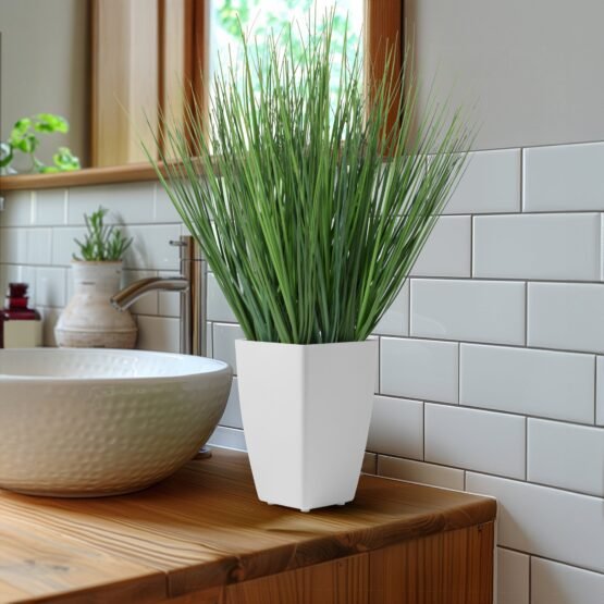 Onion Grass Artificial Faux Potted 17 Inch Tall Plant with White Square Pot - Image 4