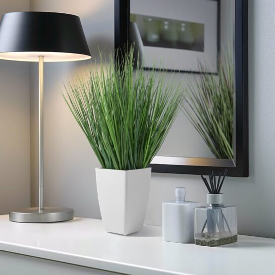 Onion Grass Artificial Faux Potted 17 Inch Tall Plant with White Square Pot - Image 6