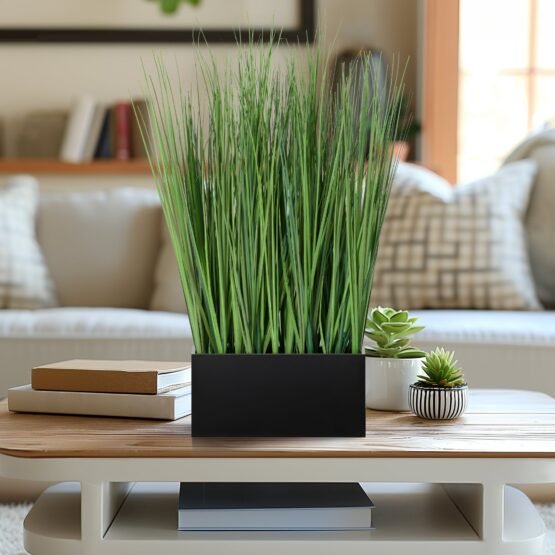 Onion Grass Artificial Faux Potted 18 Inch Tall Plant with Black Rectangle Pot - Image 4