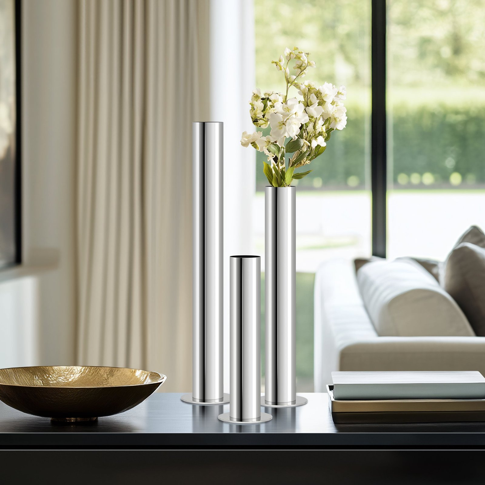 Stainless Steel Silver Pipe Vase - 14 Inch Tall - Image 6
