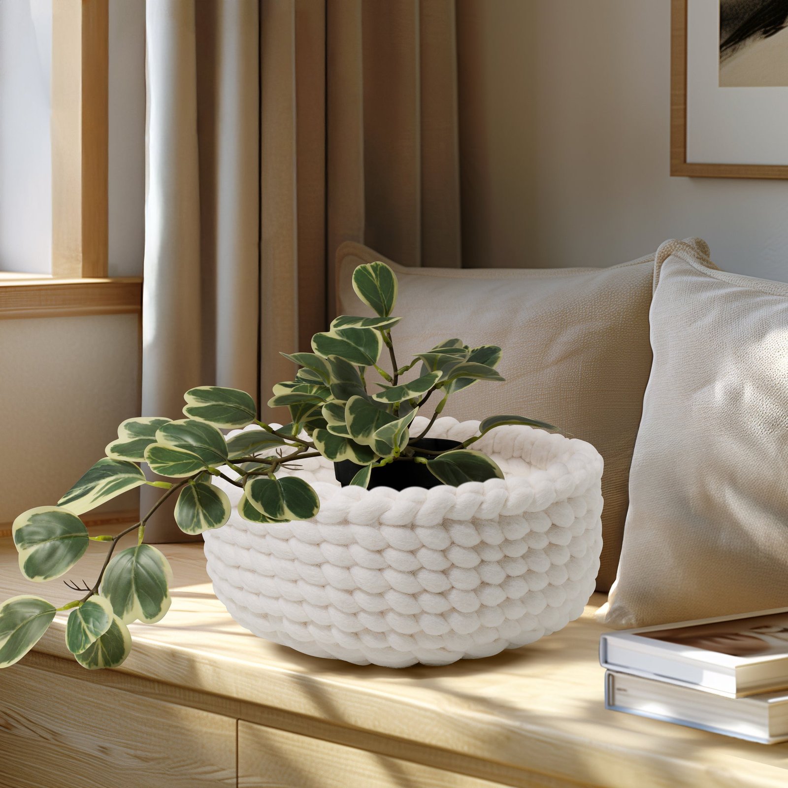 MODWOOL Woven 10 Inch Diameter Basket - Cream - Image 4