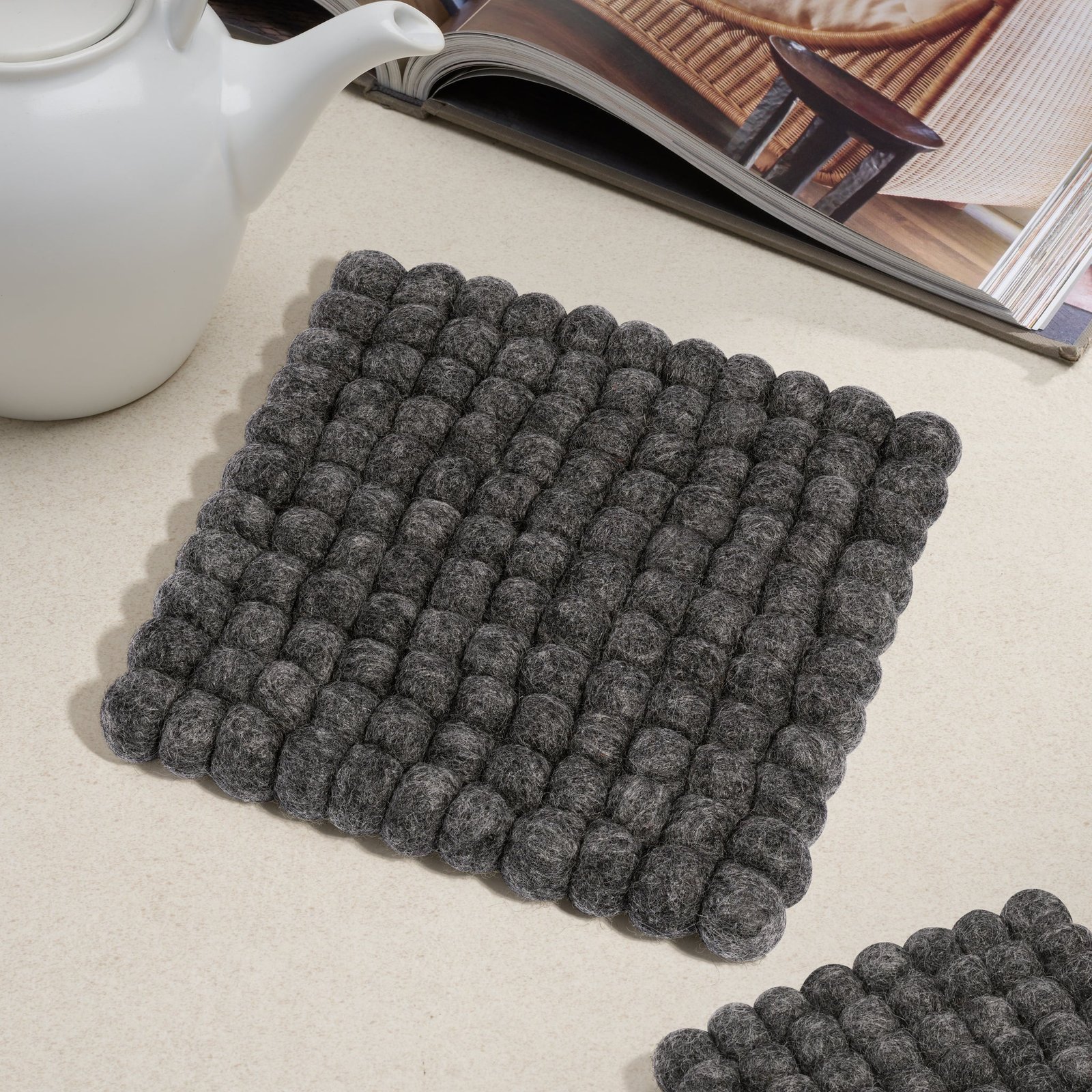 MODWOOL Felt Ball Square 8x8 Inch Trivet - Dark Grey - Image 8