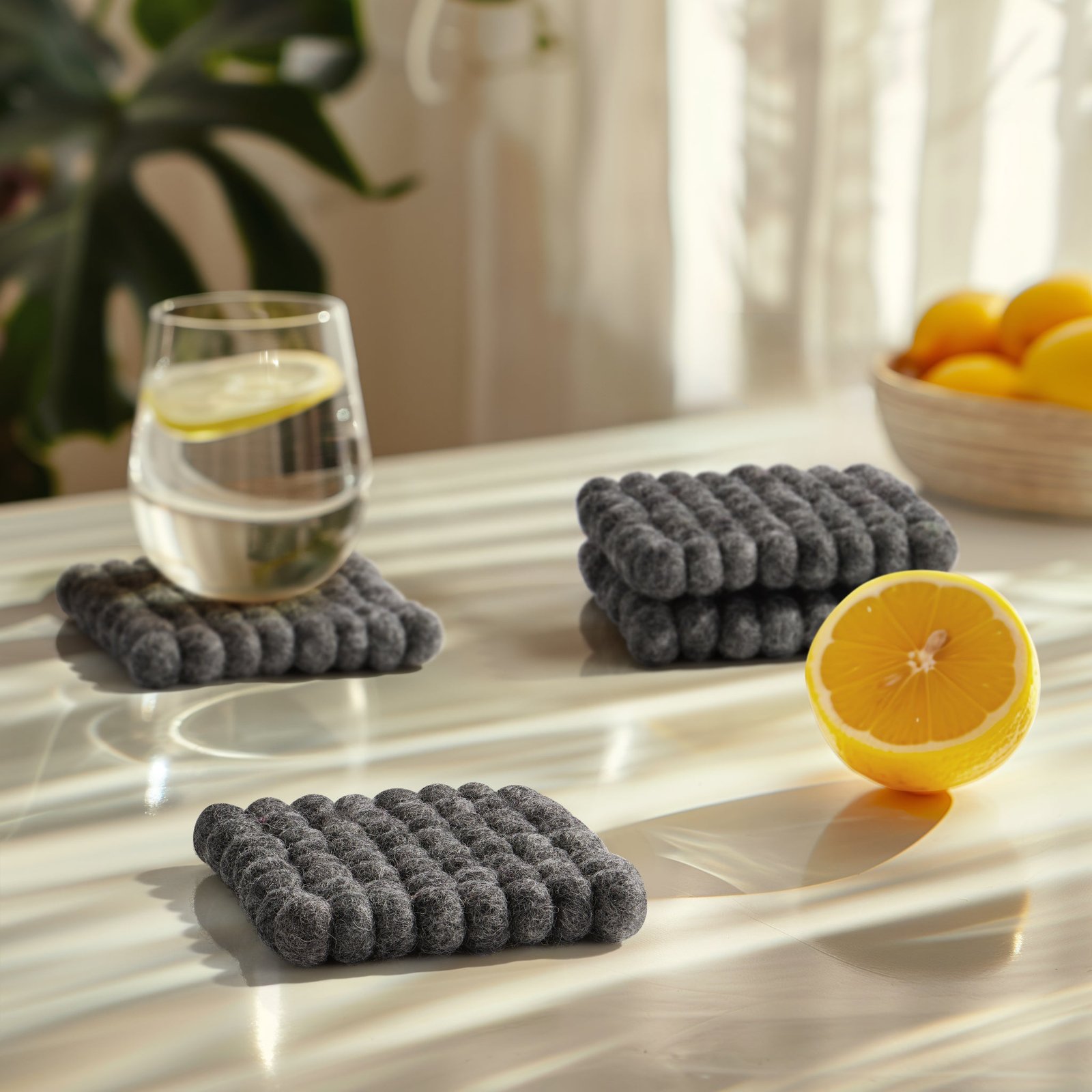 MODWOOL Felt Ball Four Piece Square 4x4 Inch Coasters Set - Dark Grey - Image 6
