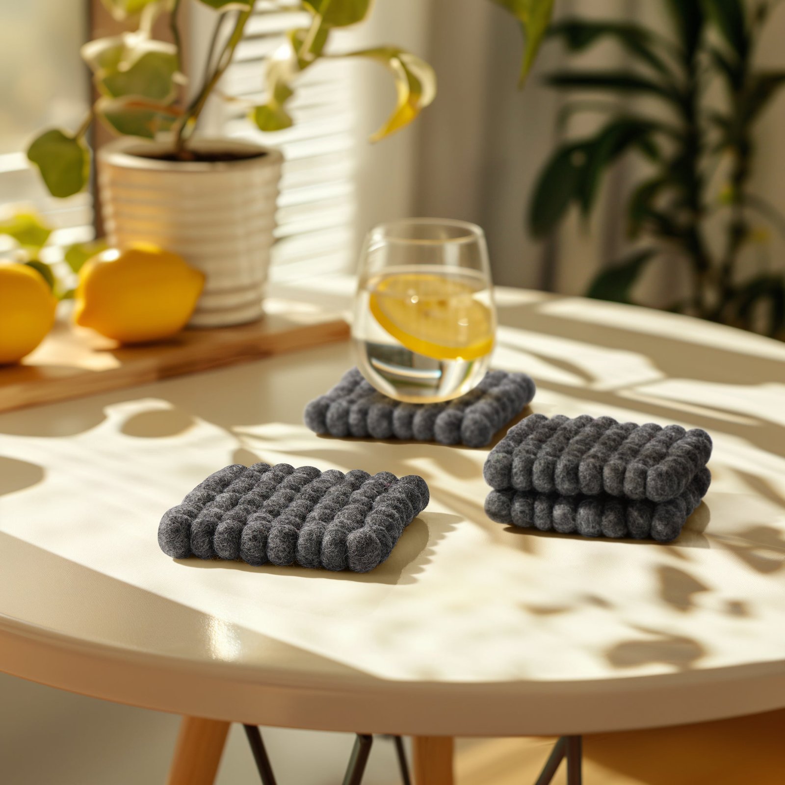 MODWOOL Felt Ball Four Piece Square 4x4 Inch Coasters Set - Dark Grey - Image 8