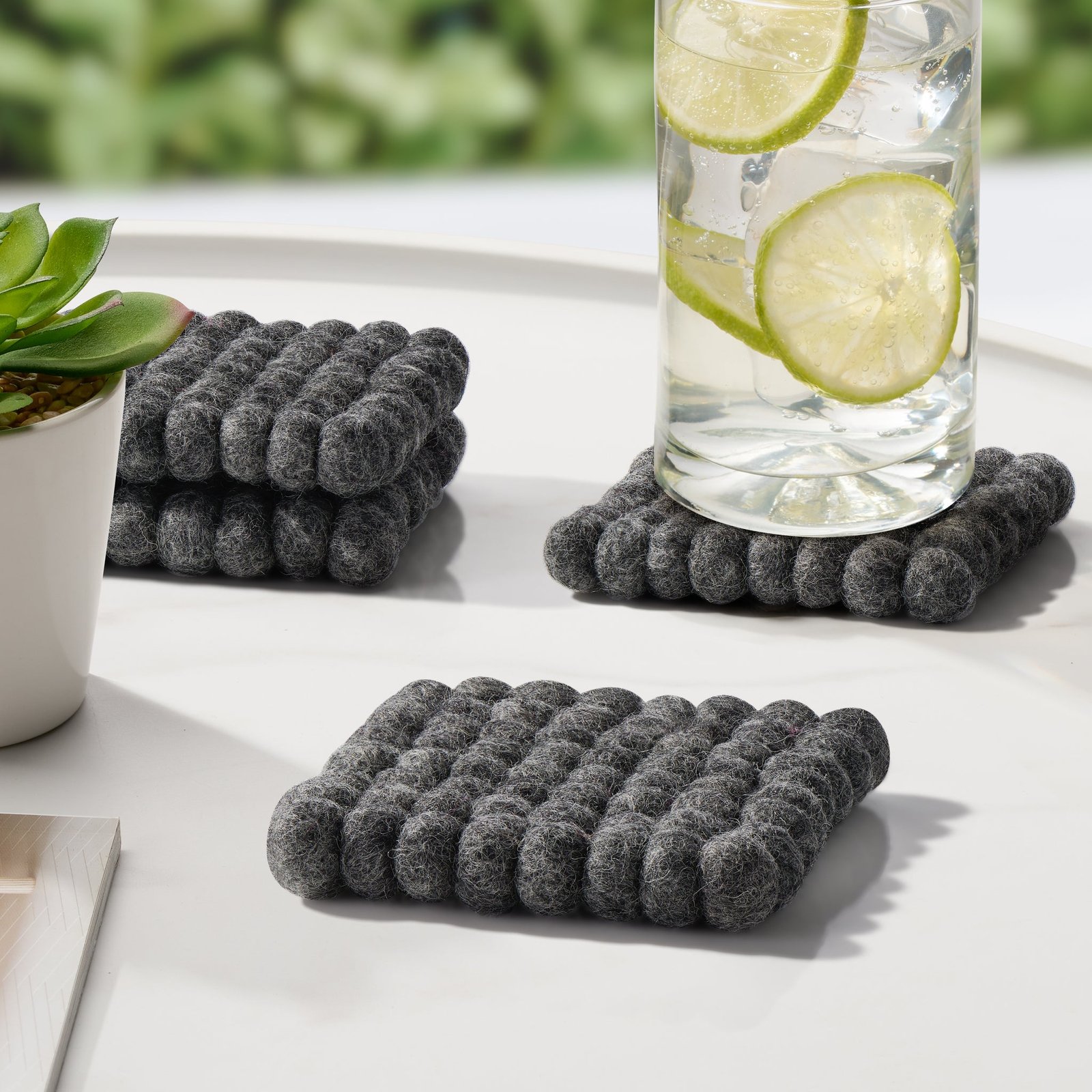 MODWOOL Felt Ball Four Piece Square 4x4 Inch Coasters Set - Dark Grey - Image 3