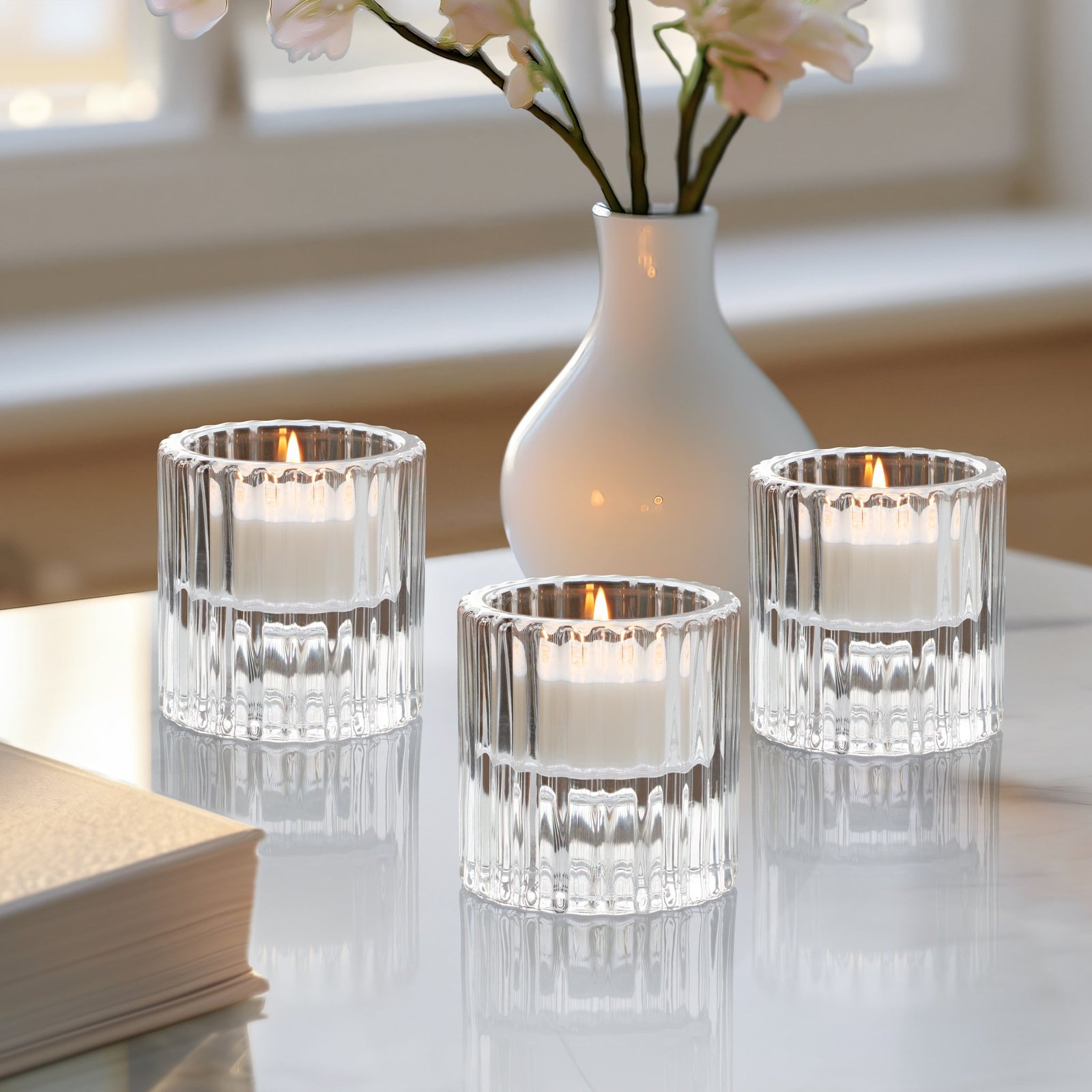 Anya Faceted Glass Three Piece 2 Inch Tall Tealight / Taper Candle Holder Set - Image 7