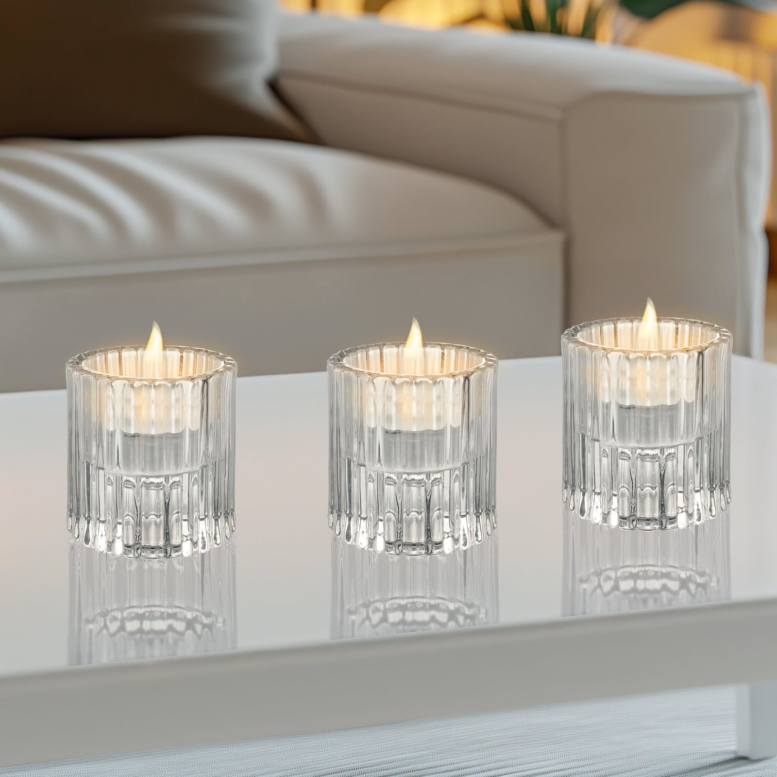 Anya Faceted Glass Three Piece 2 Inch Tall Tealight / Taper Candle Holder Set - Image 4