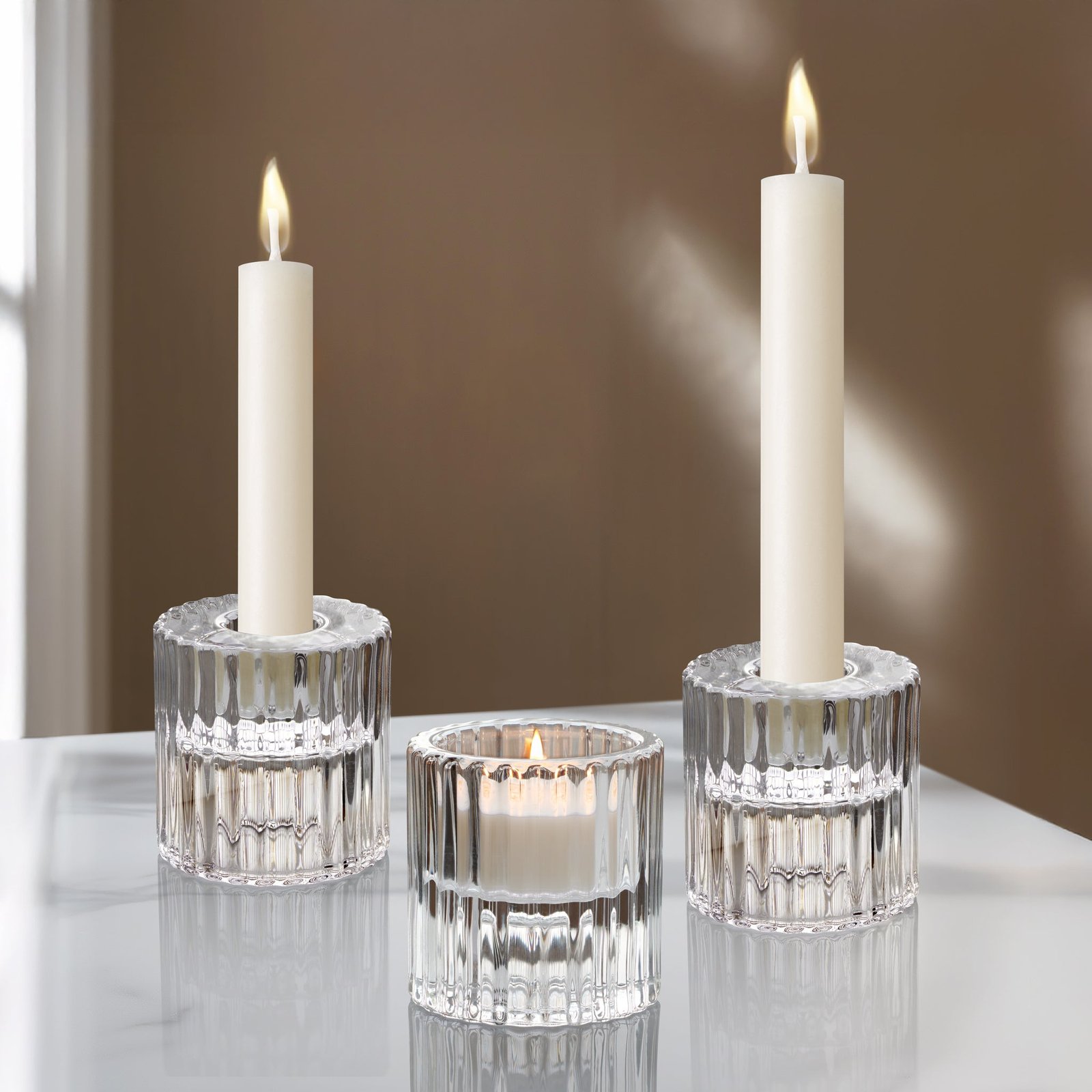 Anya Faceted Glass Three Piece 2 Inch Tall Tealight / Taper Candle Holder Set - Image 5