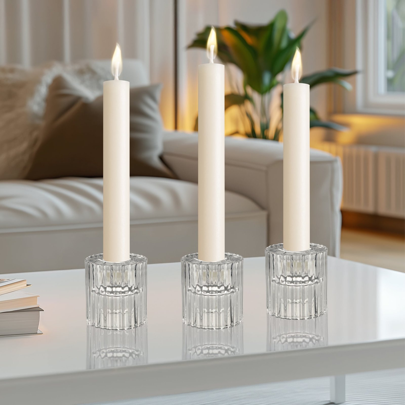 Anya Faceted Glass Three Piece 2 Inch Tall Tealight / Taper Candle Holder Set - Image 6