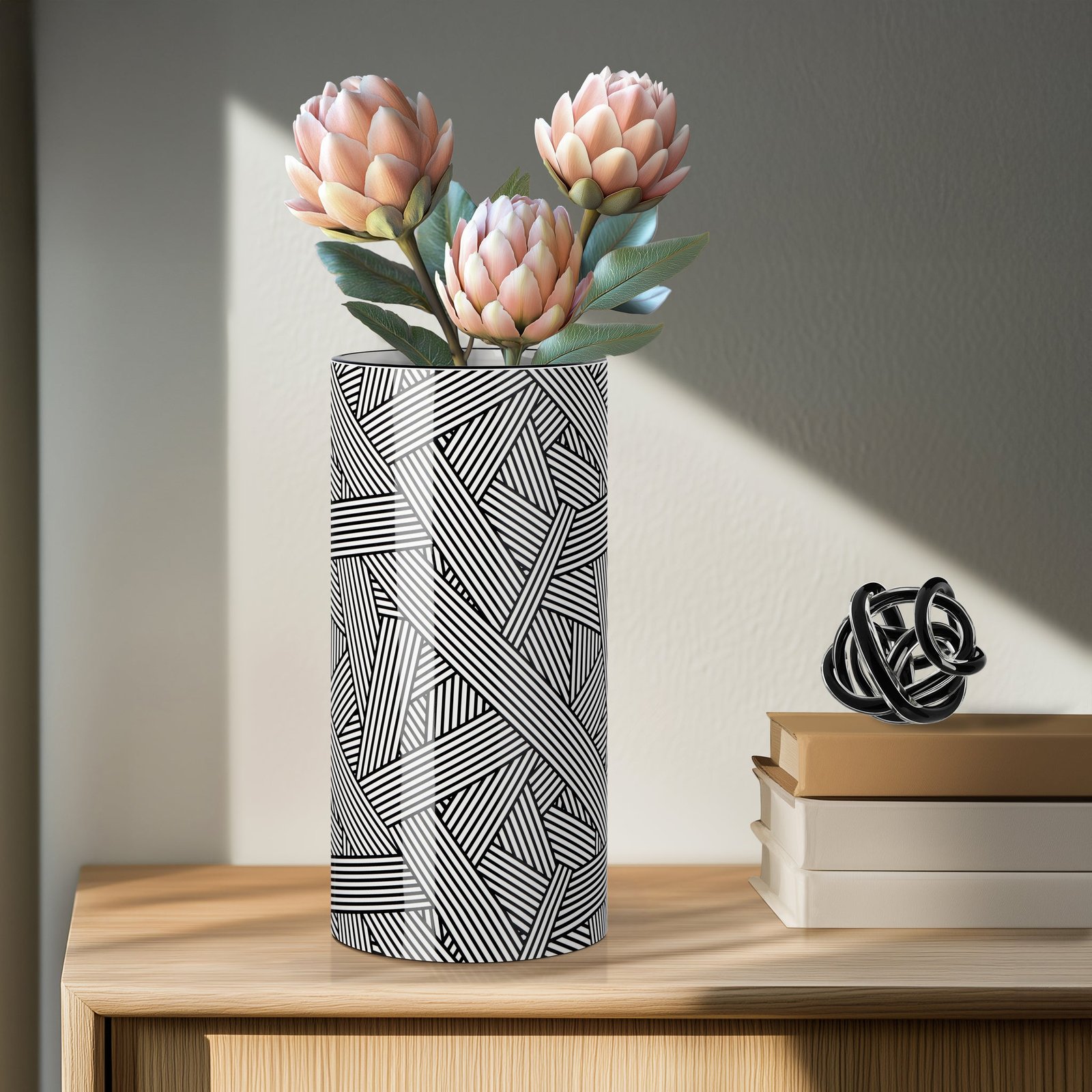 Monochrome Linear Weave Ceramic 12 Inch Tall Cylinder Vase - Image 7