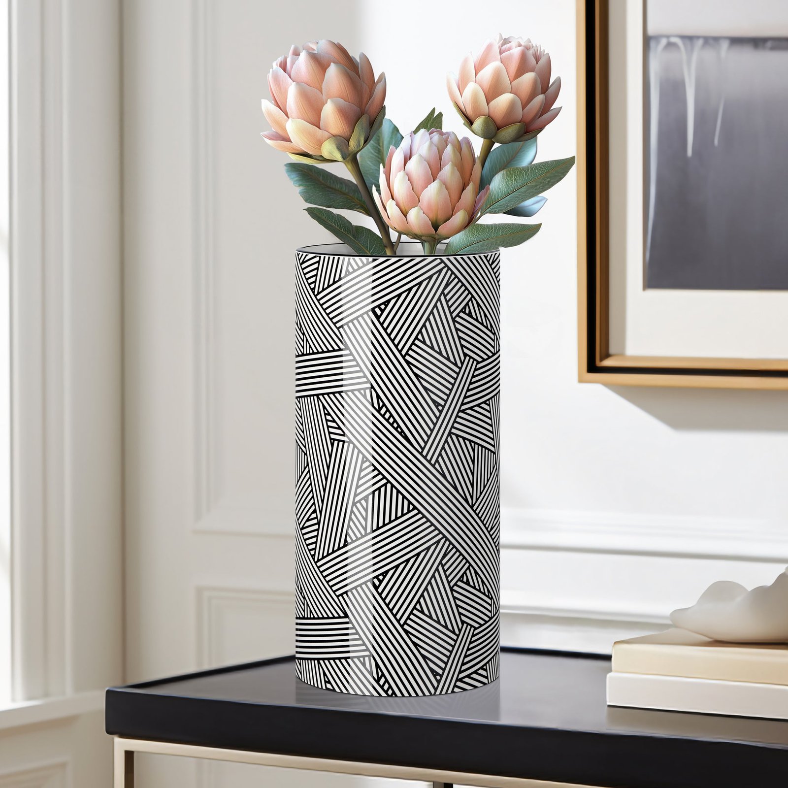 Monochrome Linear Weave Ceramic 12 Inch Tall Cylinder Vase - Image 4