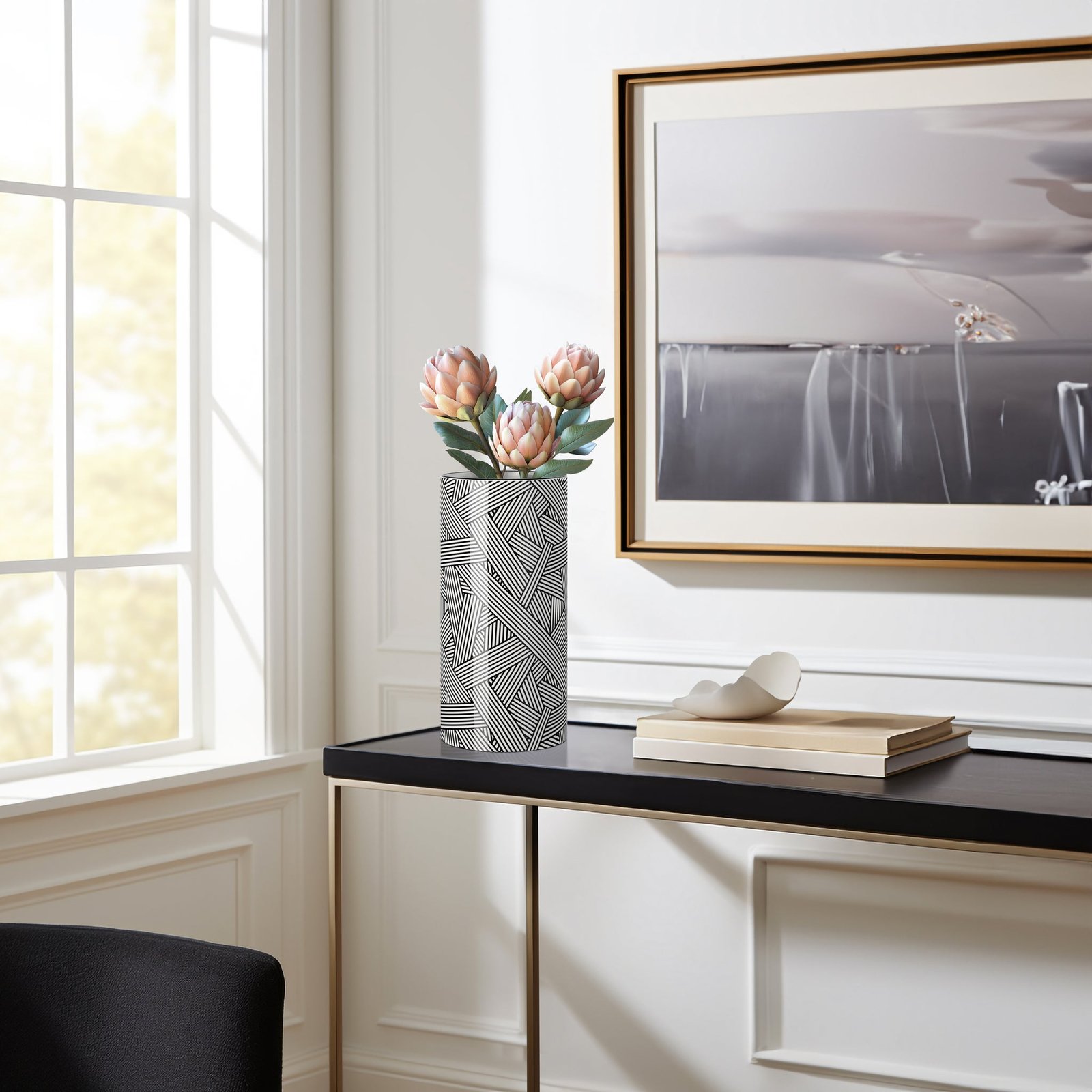 Monochrome Linear Weave Ceramic 12 Inch Tall Cylinder Vase - Image 5