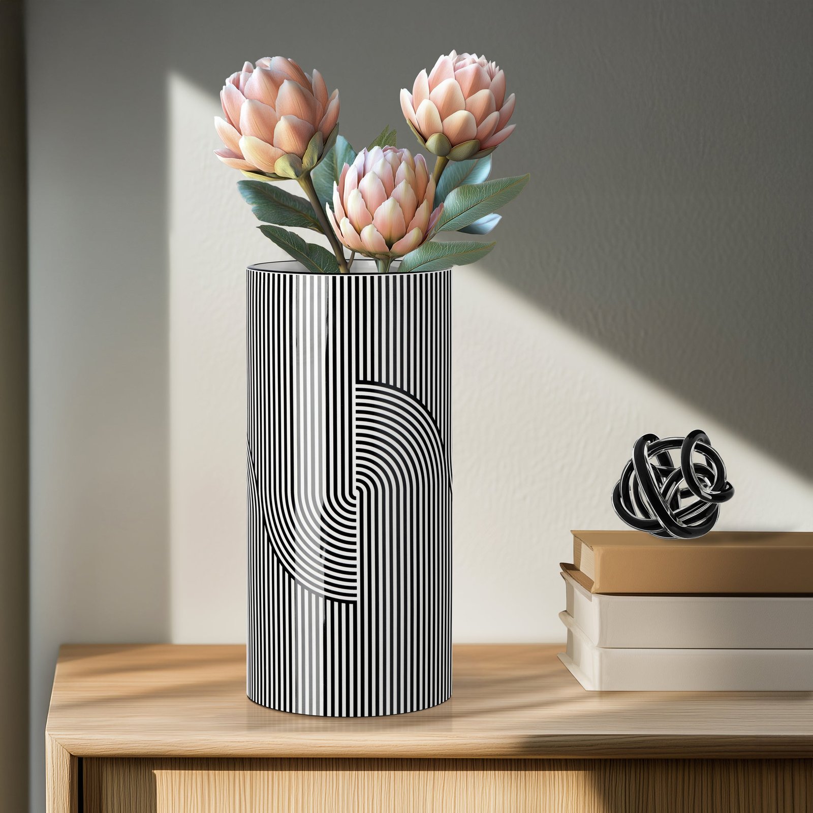 Monochrome Linear Curve Ceramic 12 Inch Tall Cylinder Vase - Image 7