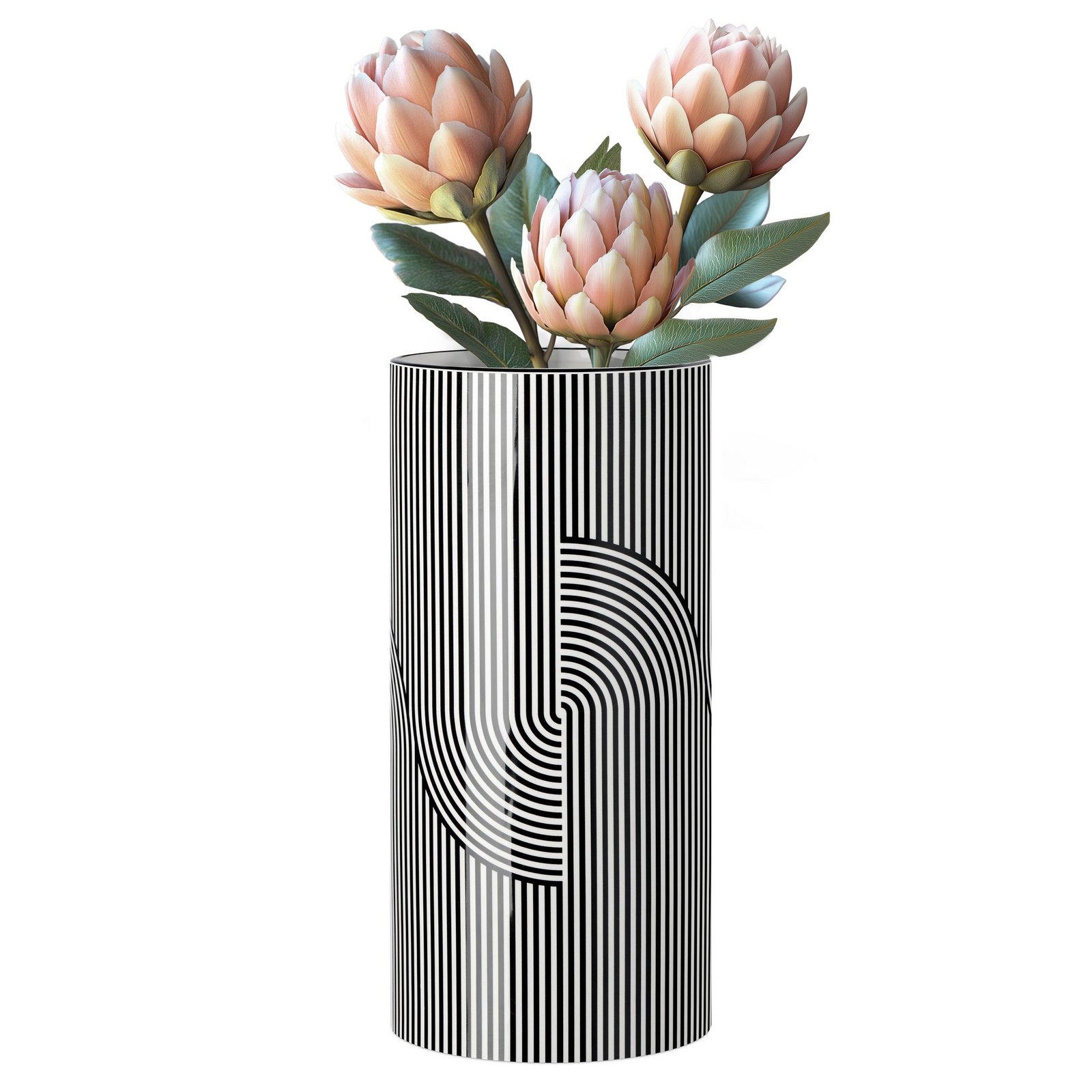 Monochrome Linear Curve Ceramic 12 Inch Tall Cylinder Vase - Image 8