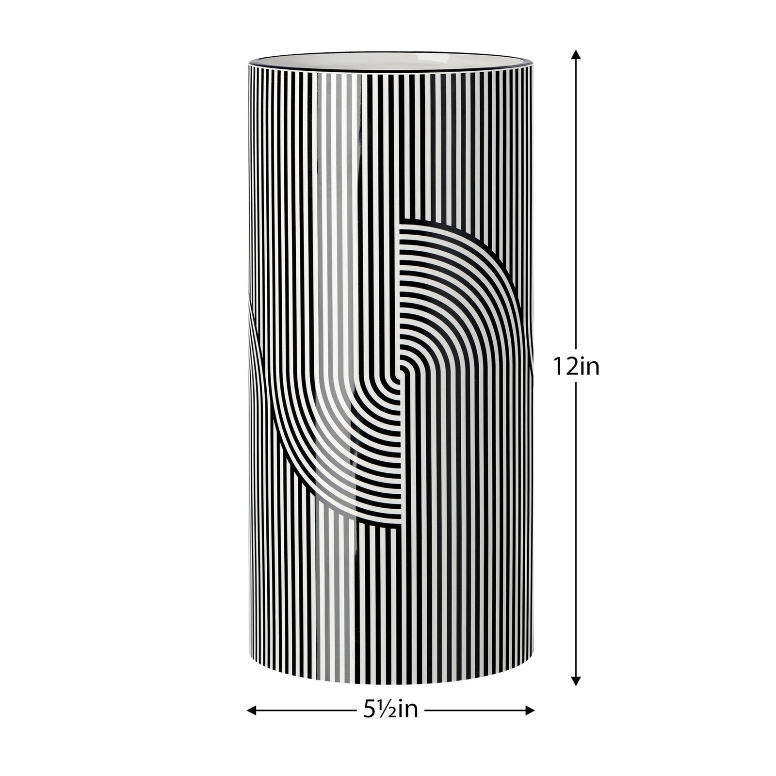 Monochrome Linear Curve Ceramic 12 Inch Tall Cylinder Vase - Image 3