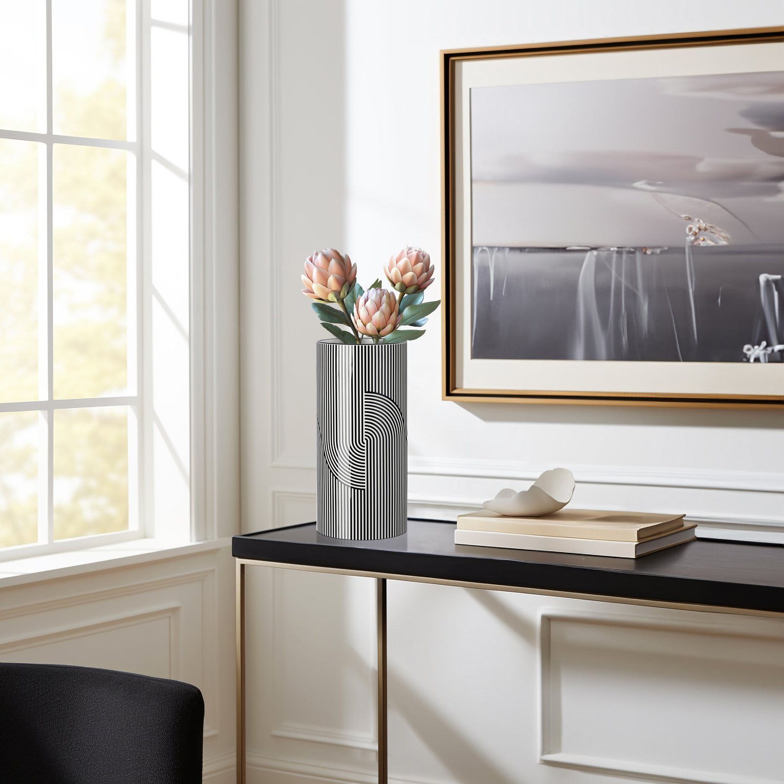 Monochrome Linear Curve Ceramic 12 Inch Tall Cylinder Vase - Image 5