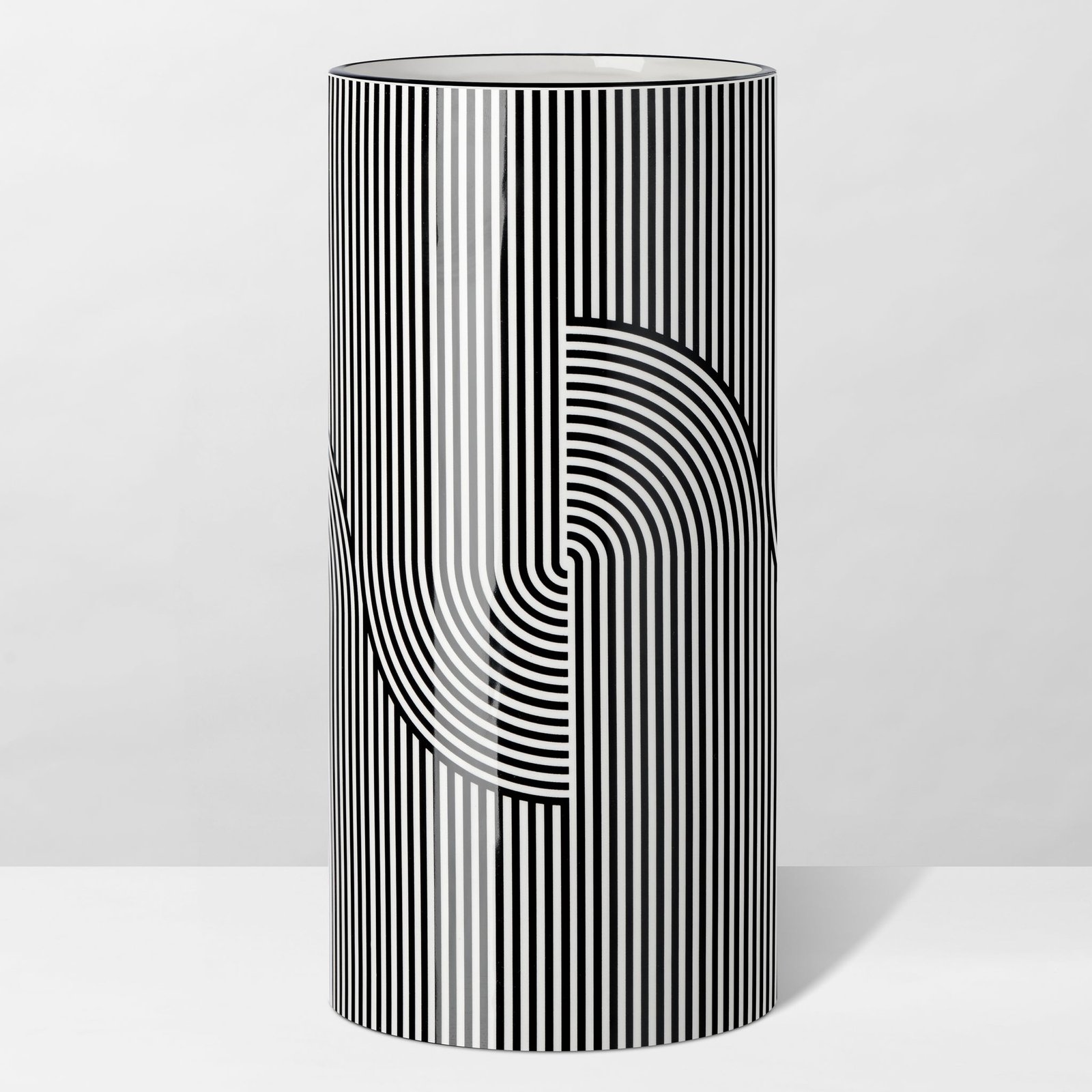 Monochrome Linear Curve Ceramic 12 Inch Tall Cylinder Vase - Image 6