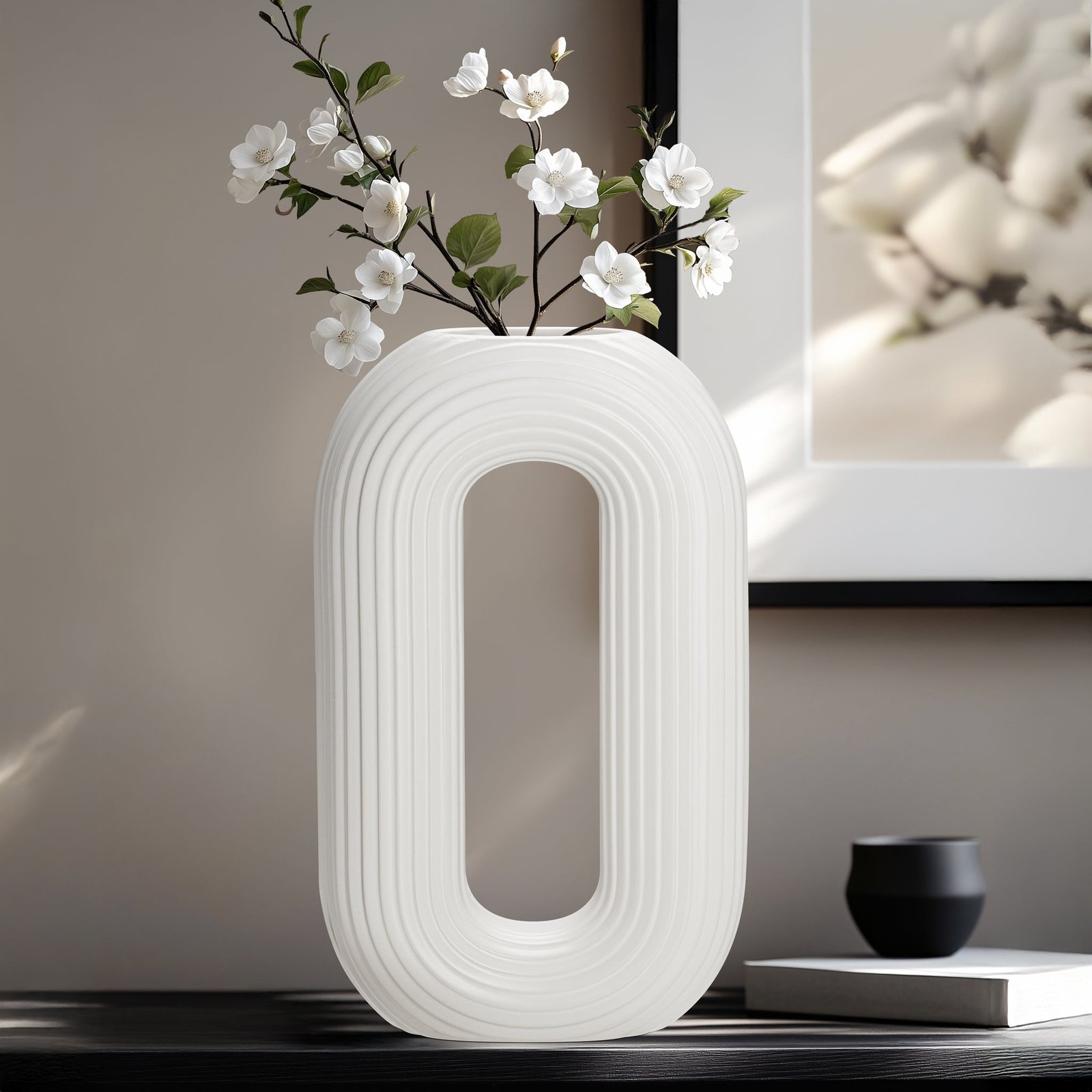 Circa Ceramic Matte White 13 Inch Tall Oval Ring Vase - Image 8