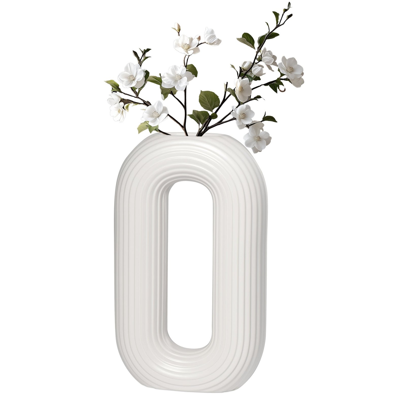 Circa Ceramic Matte White 13 Inch Tall Oval Ring Vase - Image 9