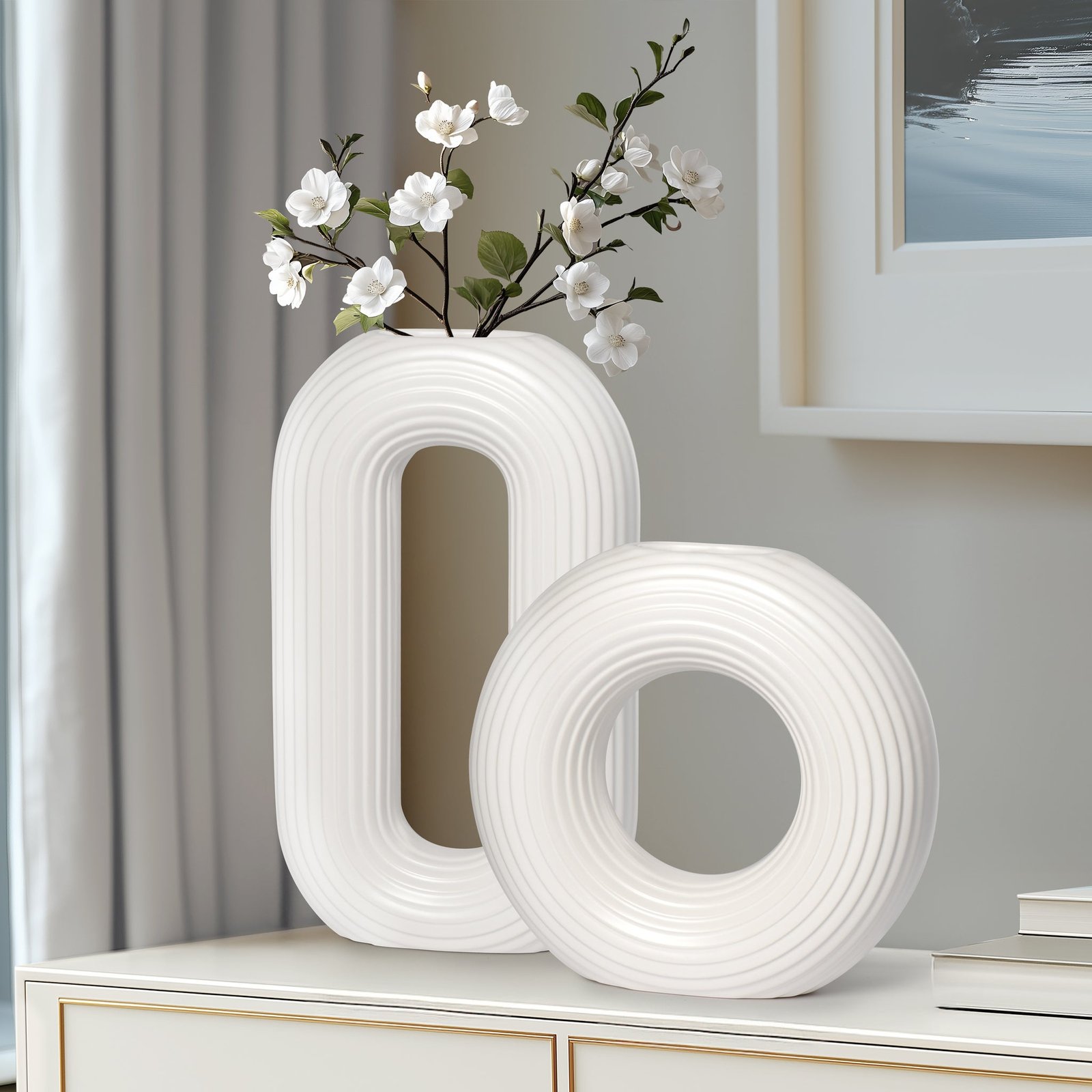 Circa Ceramic Matte White 13 Inch Tall Oval Ring Vase - Image 5