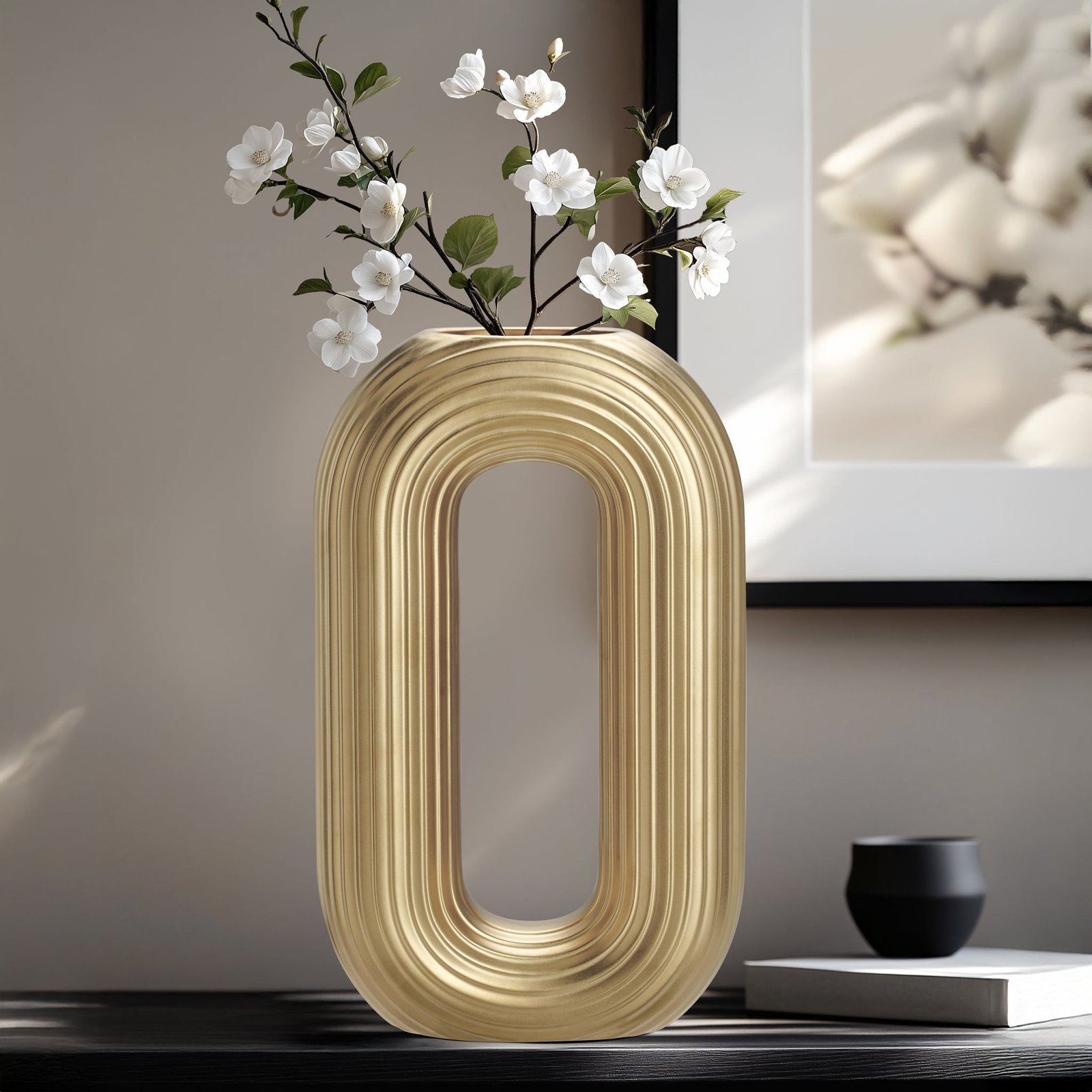 Circa Ceramic Matte Gold 13 Inch Tall Oval Ring Vase - Image 8