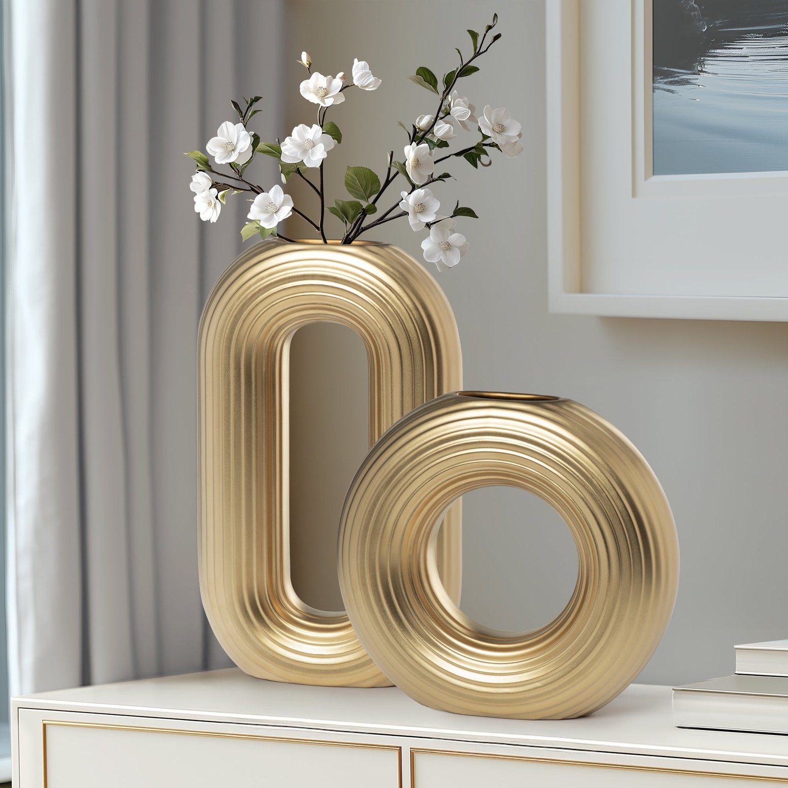 Circa Ceramic Matte Gold 13 Inch Tall Oval Ring Vase - Image 5