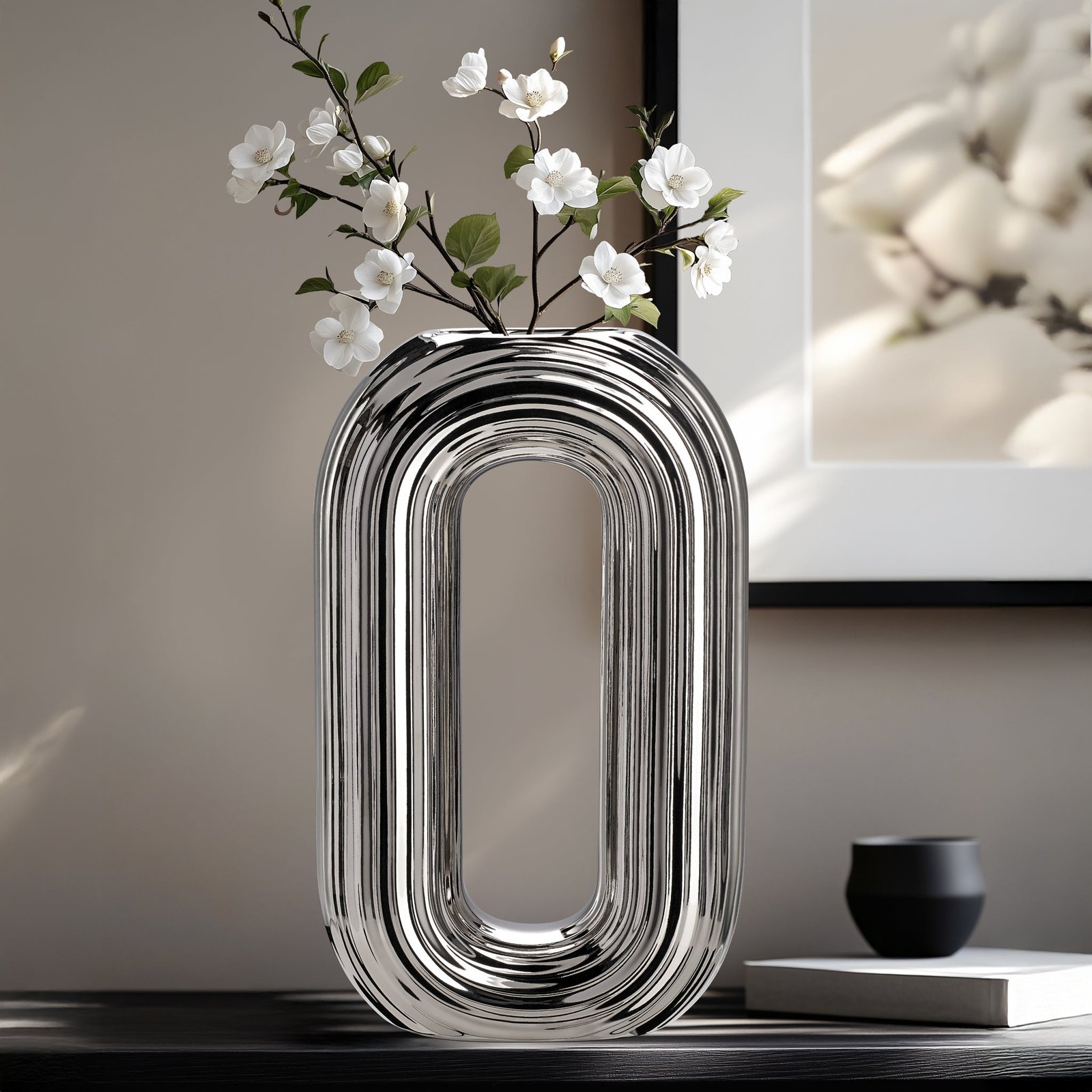 Circa Ceramic Shiny Silver 13 Inch Tall Oval Ring Vase - Image 8