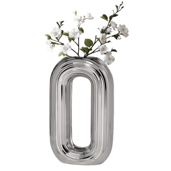 Circa Ceramic Shiny Silver 13 Inch Tall Oval Ring Vase - Image 9