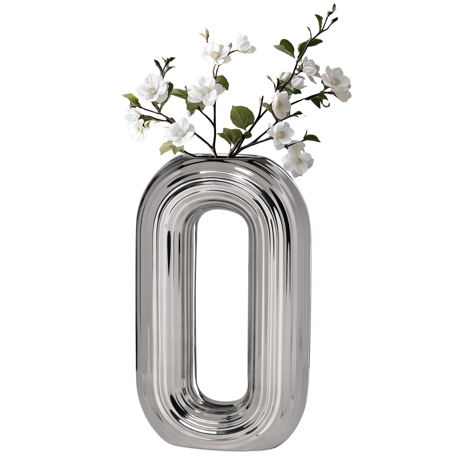 Circa Ceramic Shiny Silver 13 Inch Tall Oval Ring Vase - Image 9