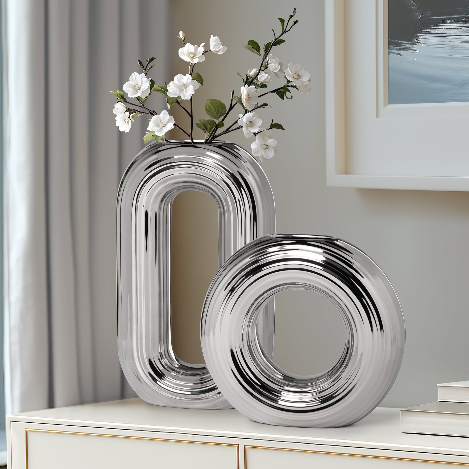 Circa Ceramic Shiny Silver 13 Inch Tall Oval Ring Vase - Image 5