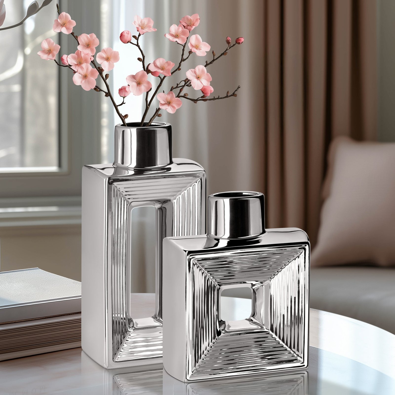 Rialto Shiny Silver 7.5 Inch Tall Square Ceramic Bottle Vase - Image 5