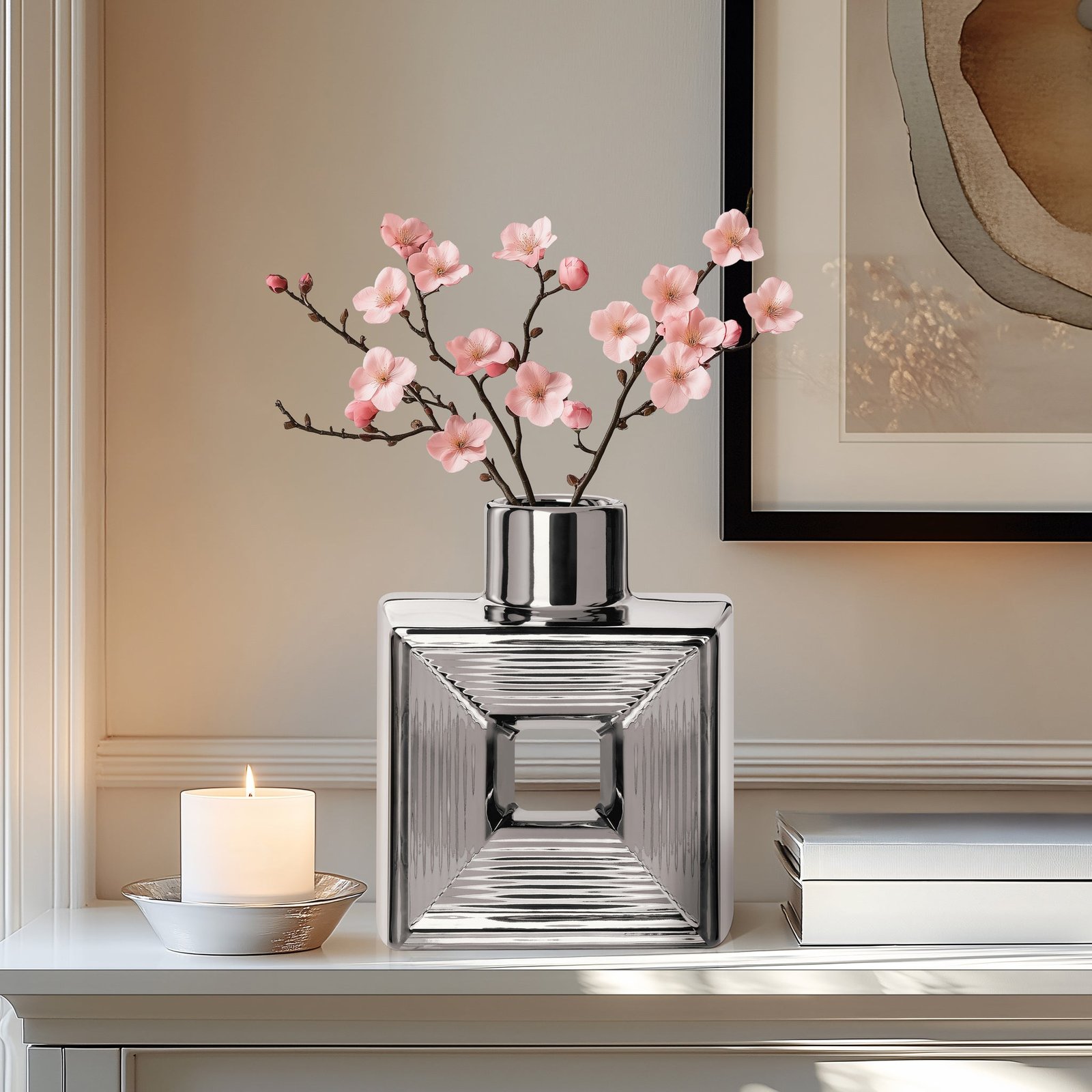 Rialto Shiny Silver 7.5 Inch Tall Square Ceramic Bottle Vase - Image 6