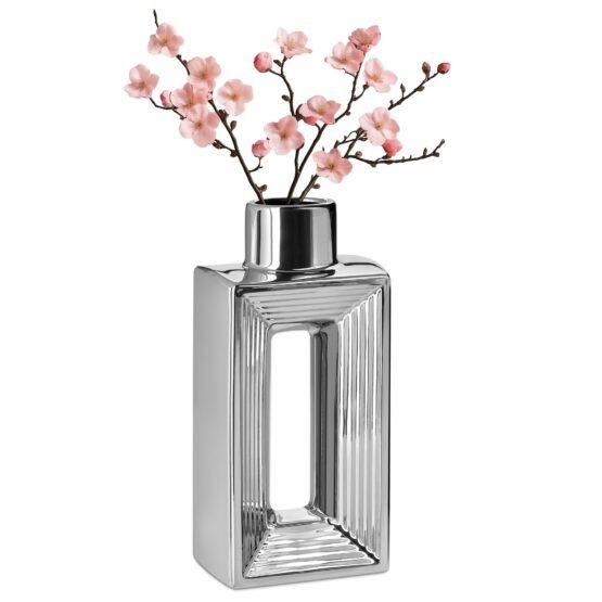 Rialto Shiny Silver 10 Inch Tall Slim Ceramic Bottle Vase - Image 8