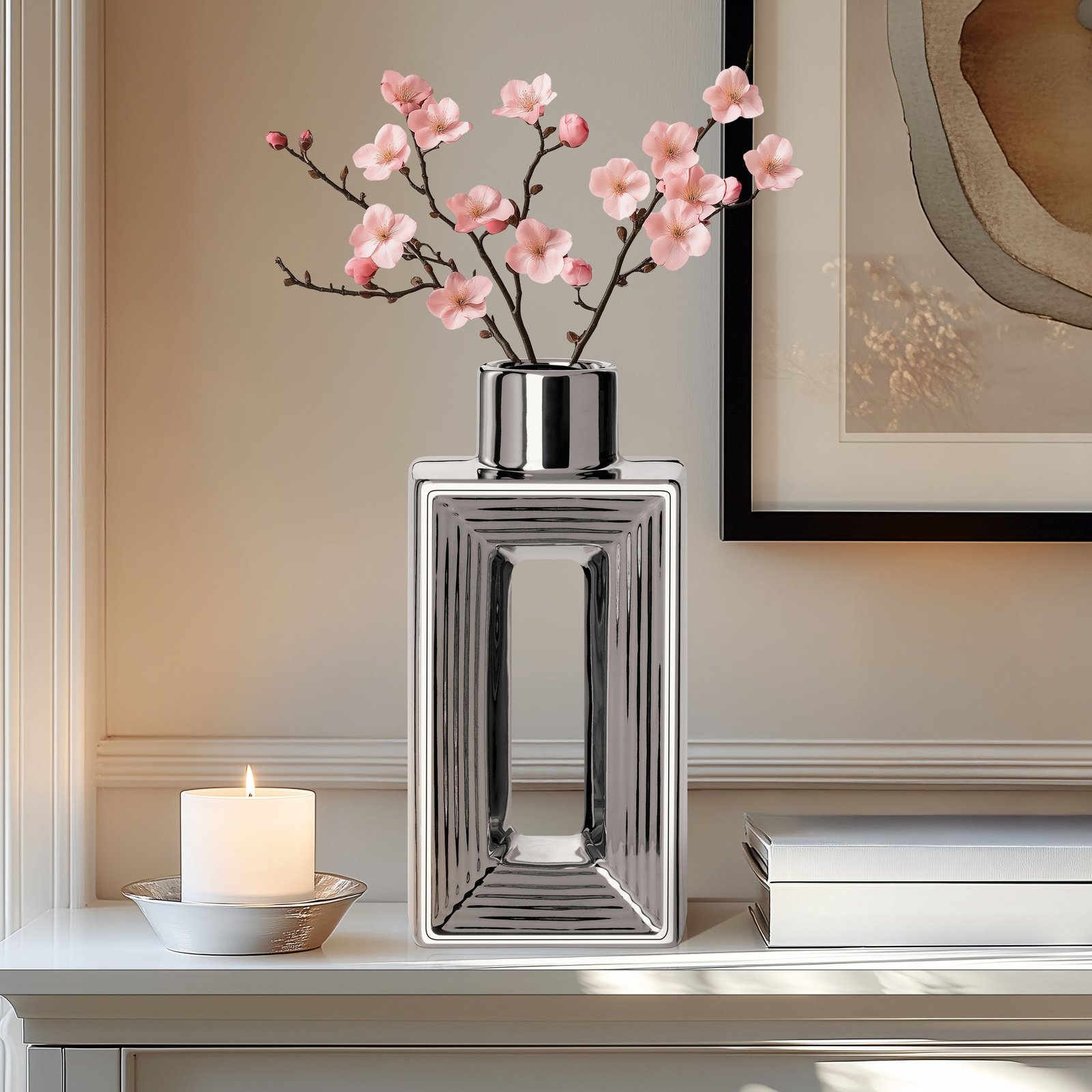Rialto Shiny Silver 10 Inch Tall Slim Ceramic Bottle Vase - Image 6