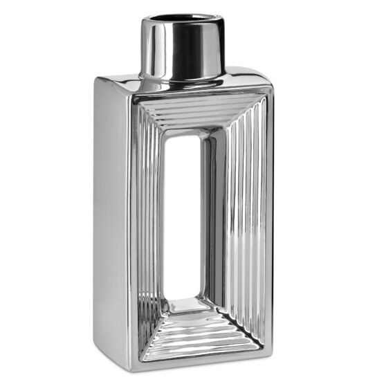 Rialto Shiny Silver 10 Inch Tall Slim Ceramic Bottle Vase