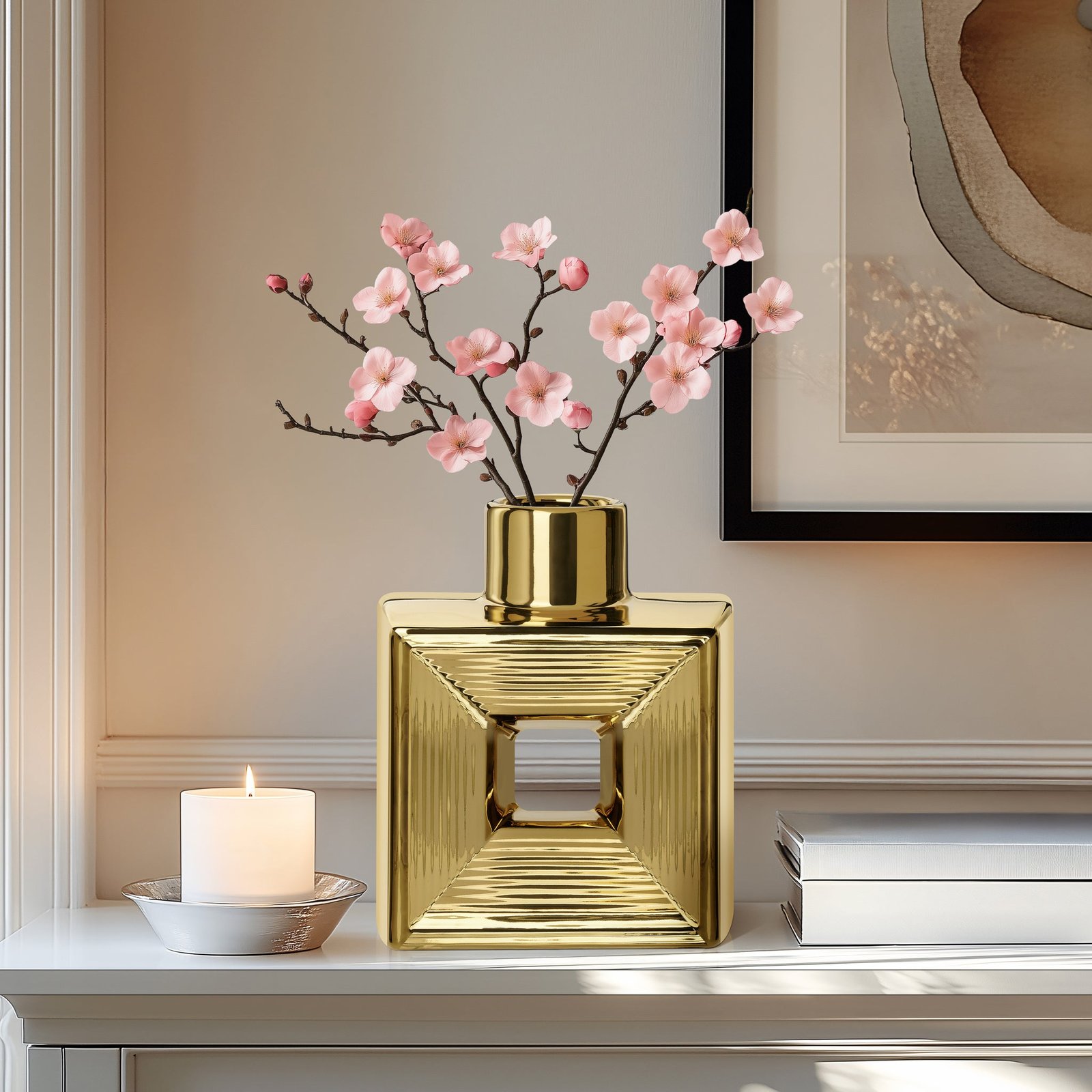 Rialto Shiny Gold 7.5 Inch Tall Square Ceramic Bottle Vase - Image 6