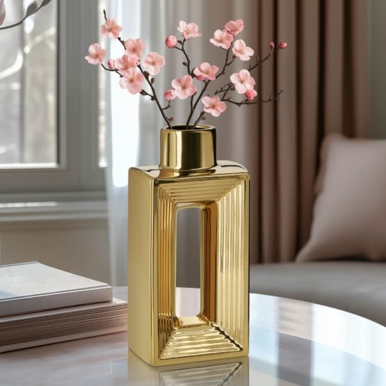 Rialto Shiny Gold 10 Inch Tall Slim Ceramic Bottle Vase - Image 7