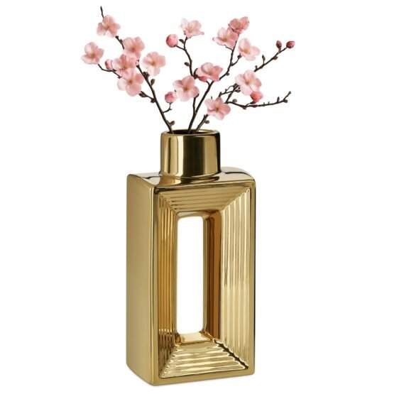 Rialto Shiny Gold 10 Inch Tall Slim Ceramic Bottle Vase - Image 8