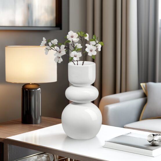 Sintra Double Bulb 10 Inch Tall Ceramic Vase - Shiny White - Image 6