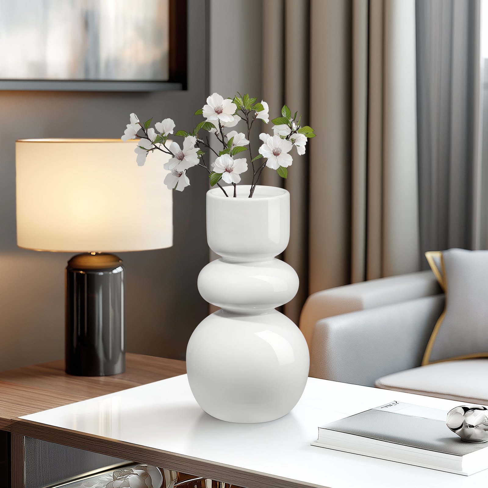 Sintra Double Bulb 10 Inch Tall Ceramic Vase - Shiny White - Image 6