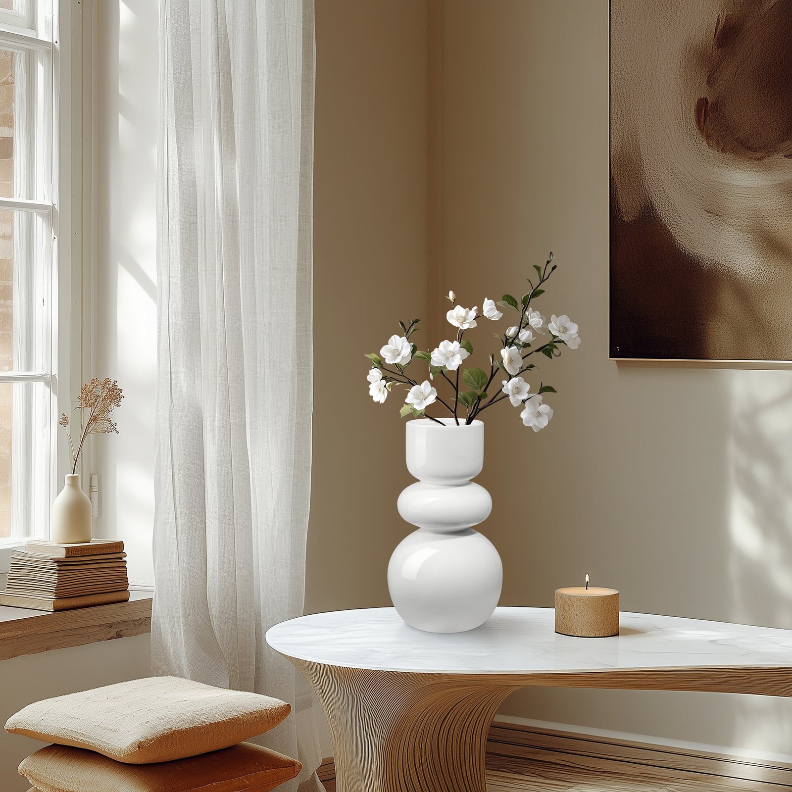 Sintra Double Bulb 10 Inch Tall Ceramic Vase - Shiny White - Image 5