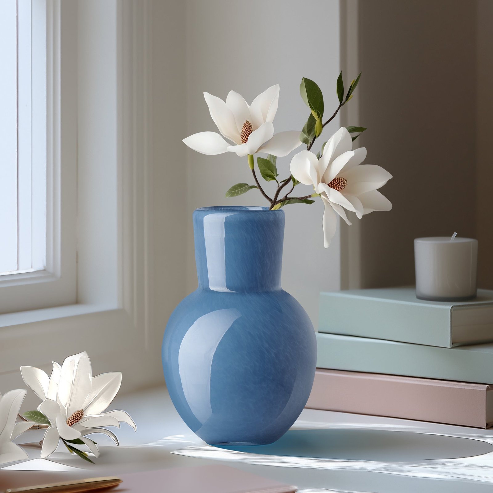 Opaque Flared Ball 6 Inch Tall Glass Vase - Blue - Image 6