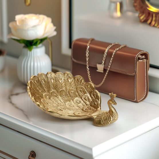 Peacock 7.5 x 6 Inch Aluminum Decor Dish - Gold - Image 5
