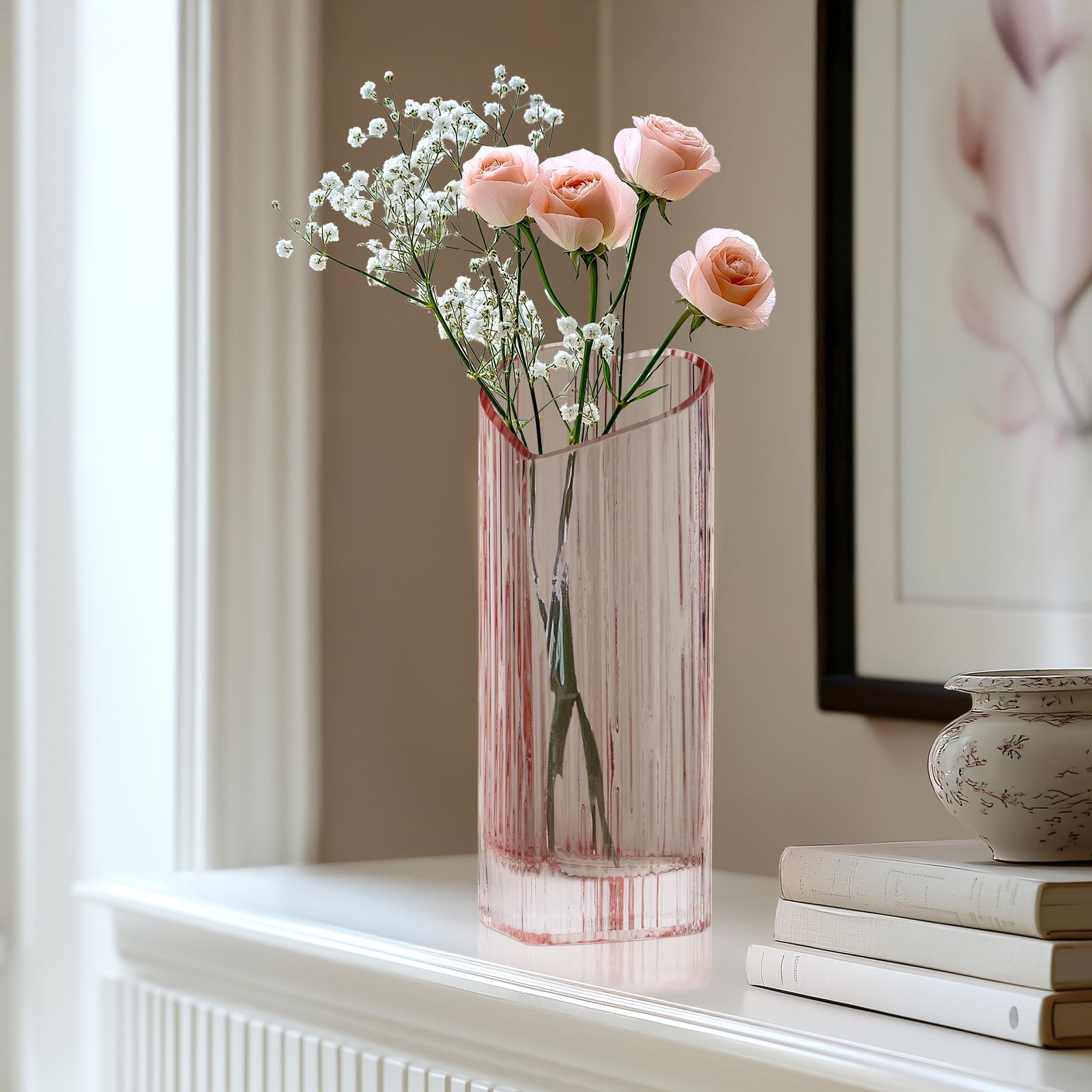 Heart Shape 8.5 Inch Tall Glass Vase - Pink - Image 4