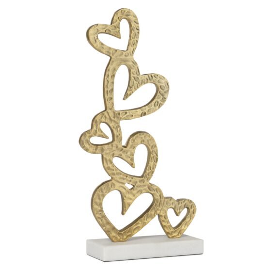 Stacked Hearts 17.75 Inch Tall Gold Nickel Plated Aluminum Sculpture On Marble Base