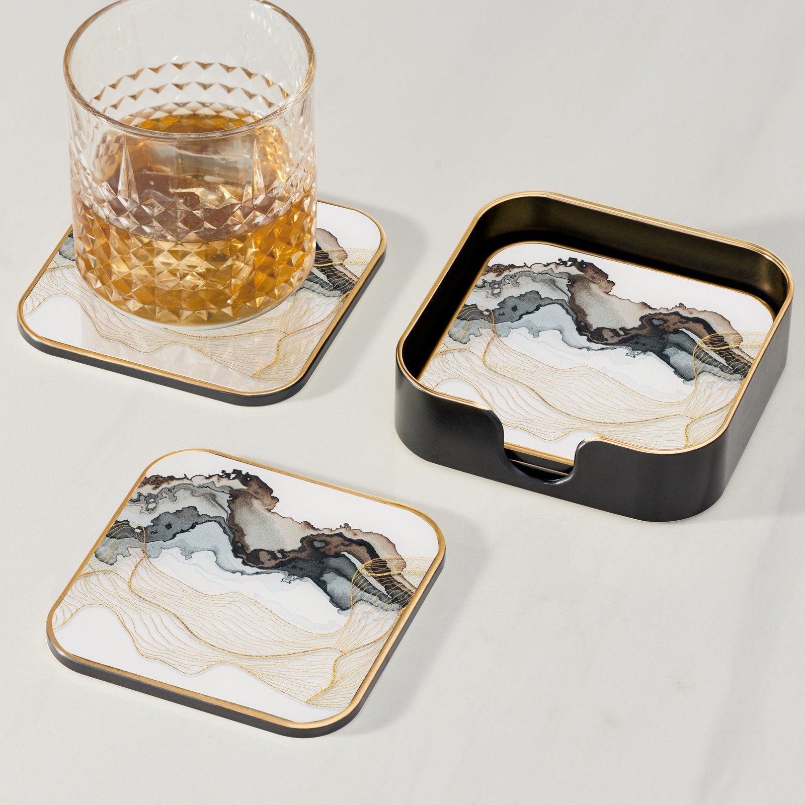 Savoy Gold Trim 4 Piece Square Coaster Set - White Marble - Image 5