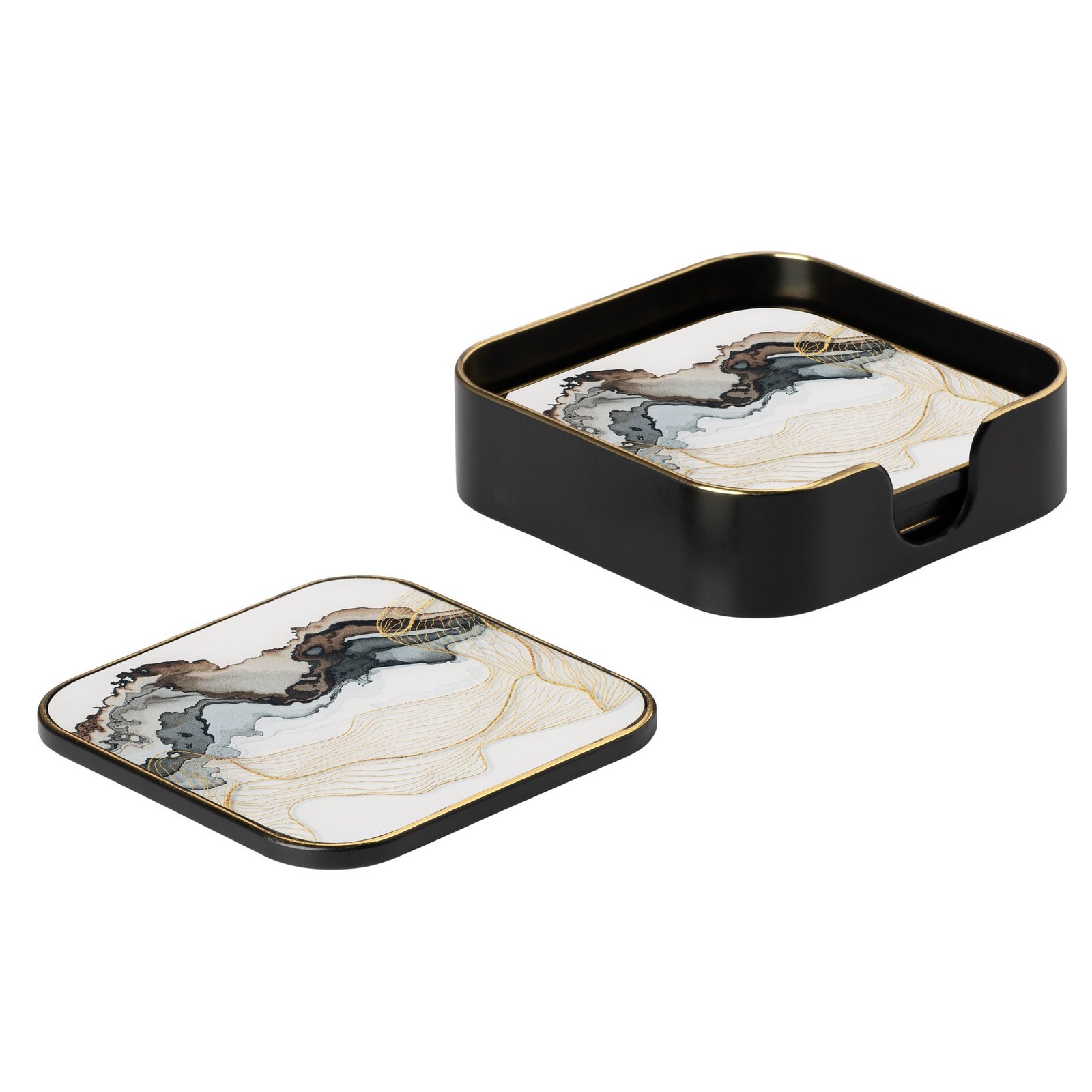 Savoy Gold Trim 4 Piece Square Coaster Set - White Marble - Image 6