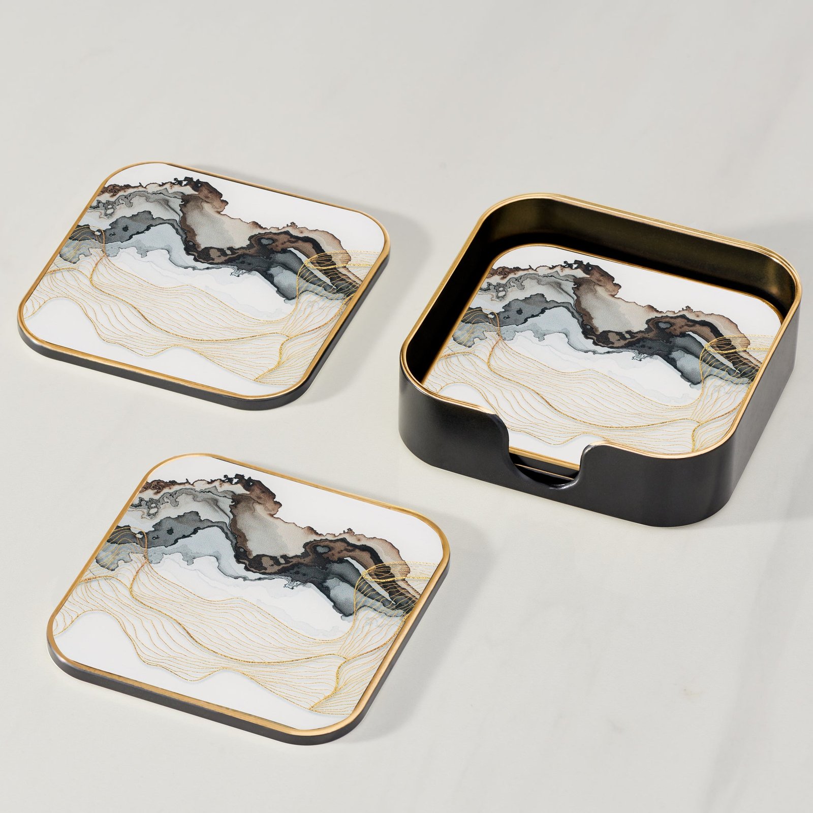 Savoy Gold Trim 4 Piece Square Coaster Set - White Marble - Image 4