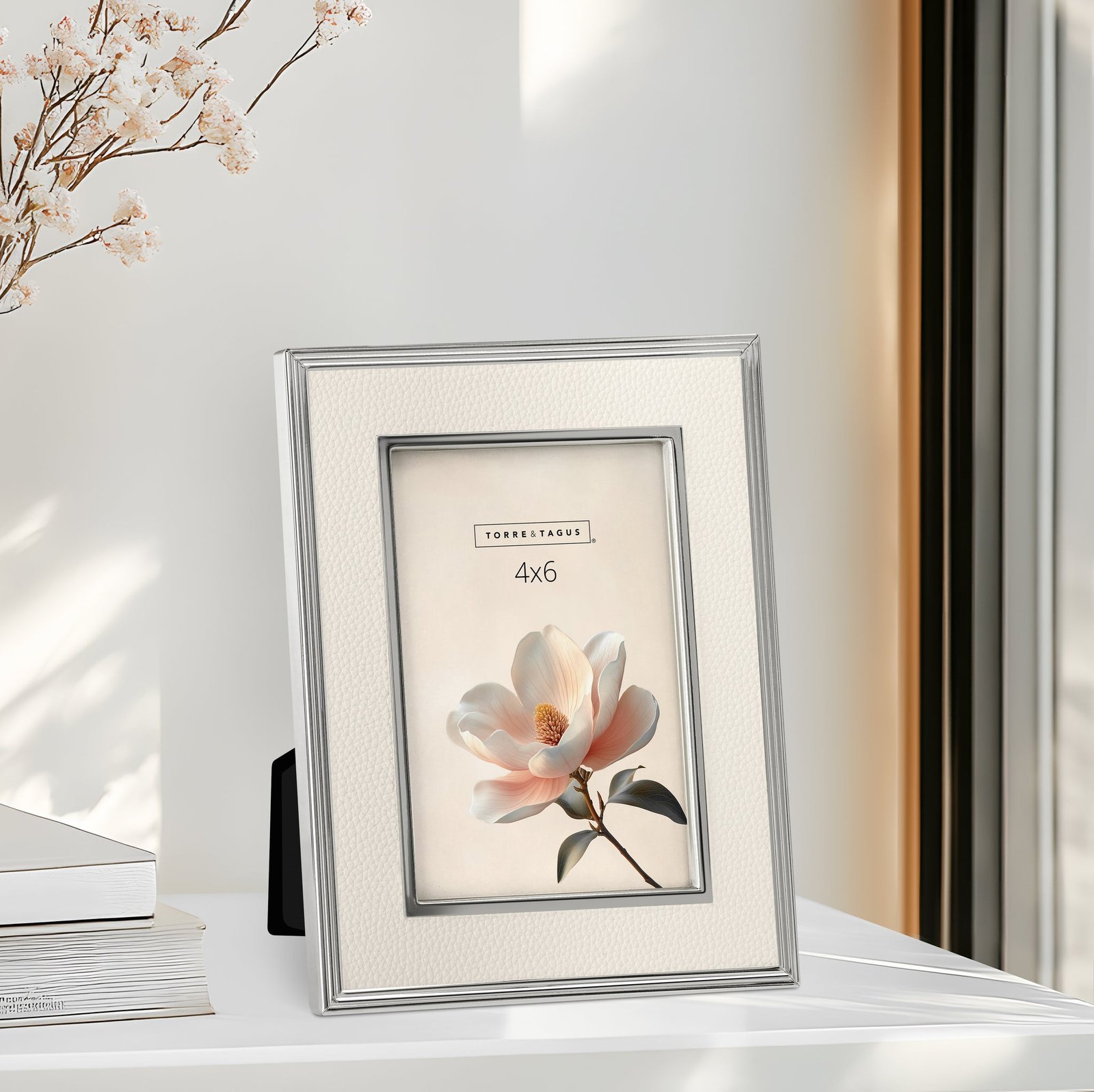 Tavis 4X6 Silver Trim Cream Vegan Leather Photo Frame - Image 5