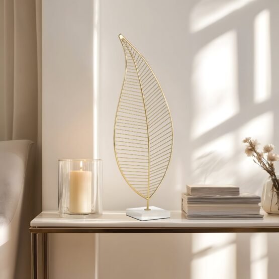 Wire Leaf 16 Inch Tall Decor Sculpture On White Marble Base - Gold - Image 4